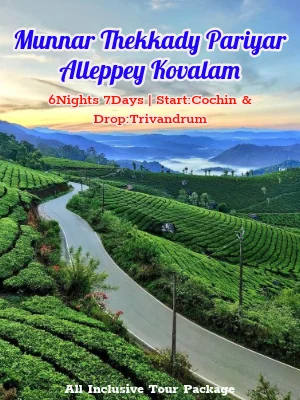 Munnar Thekkady Pariyar Alleppey Kovalam Tour