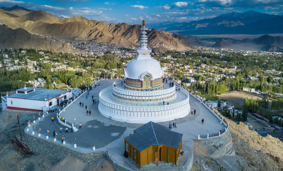 Shanti Stupa in Leh Ladakh overlooking Leh city and Himalayan mountains
